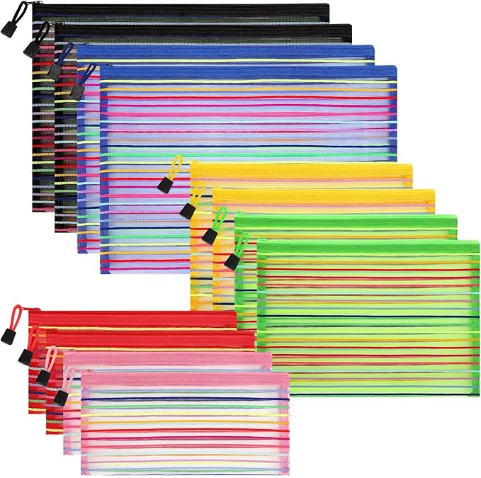 12 Pieces Zipper Nylon Mesh Pouch, Mesh Cosmetic Bags Makeup Bags Pencil Case, Multipurpose Travel Bags for Cosmetic School Office Supplies and Travel Accessories (Multicolor A, Assorted Sizes)