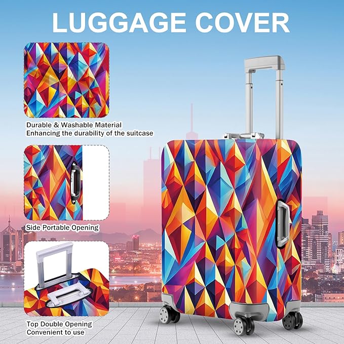 ANNA QUEEN Colorful Geometric Luggage Cover, Abstract Prism Pattern Suitcase Protector, Stretchable, Washable Travel Cover for 32-34 Inch Luggage, Bright, Durable & Eye-Catching