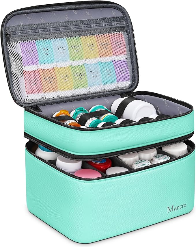 Mancro Dual Layers Medicine Organizer Bag, Pill Bottle Organizer Storage with Lockable Zipper, Medication Travel Bag for Pills, Vitamins, Medical Supplies for Home Storage, Travel, Green