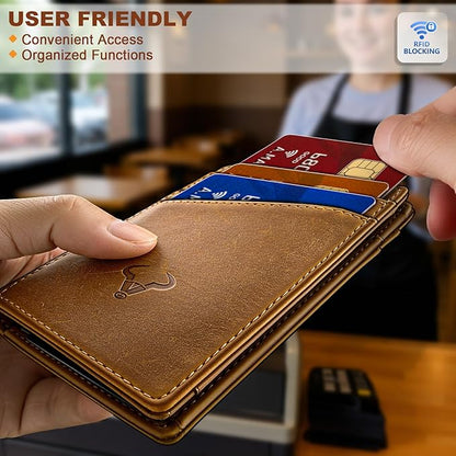 BULLIANT Men Wallet,Top Grain Leather Slim Wallet Magnetic Closure Simplifed Bill Folder RFID Blocking 11Cards