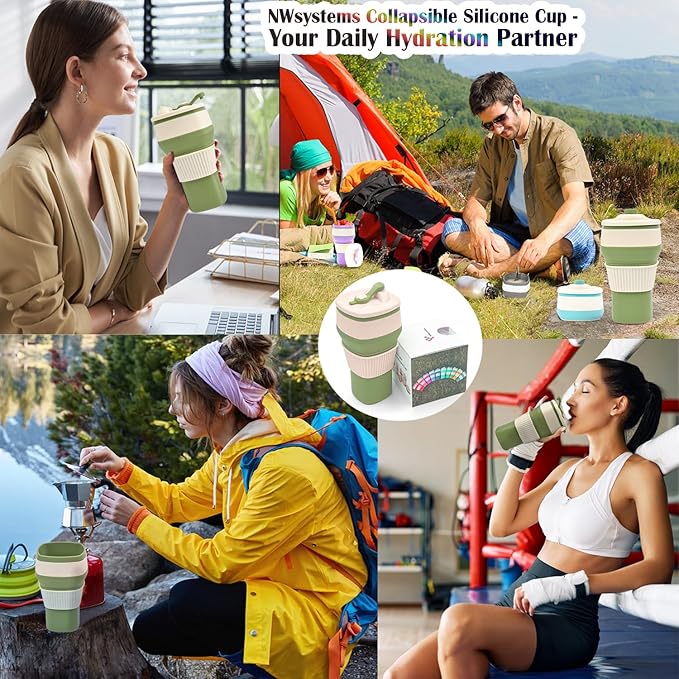 Collapsible Silicone Cup, Safe & Portable, for Hot & Cold Drinks, 18.6 oz (550 ml) - Travel, Camping, Office, and More – Sage Green