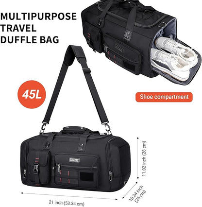 WITZMAN Travel Duffel Bags for Men Large Carry On Weekender Overnight Bag 3 in 1 Backpack with Shoe Compartment （B693 Black）