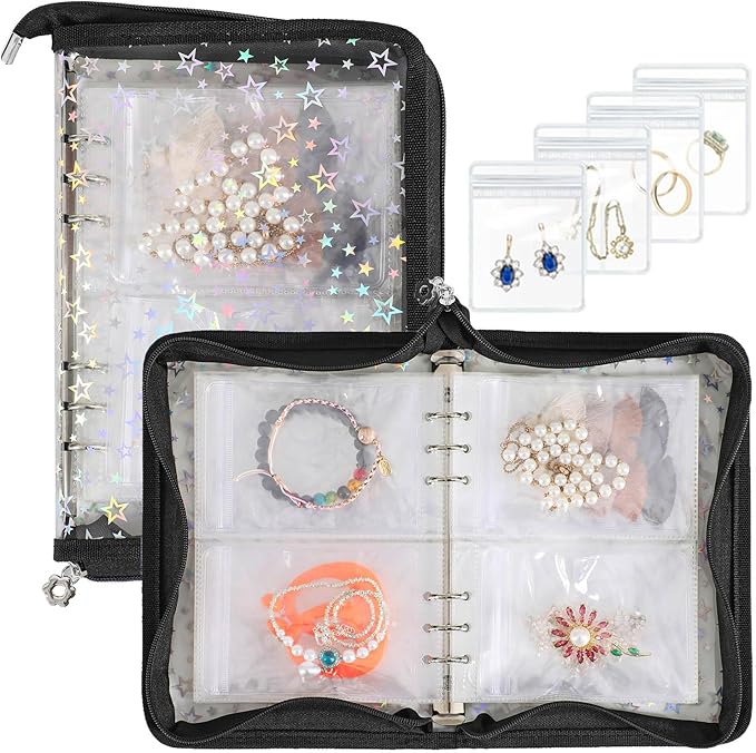 Jewelry Organizer Case Travel Clear Earring Organizer Case Transparent Jewelry Storage Book with Clear Zippered Jewelry Pouch (Black, with 48 Pcs large Jewelry Pouches)