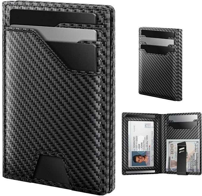 typecase Leather Wallet for Men Card Holder: Premium Genuine Leather, RFID Blocking, Slim, Minimalist, Front Pocket - 15 Cards Capacity | ID Window | Money Clip (Carbon Fiber)