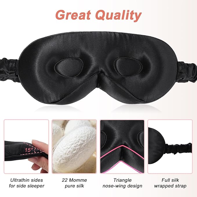 VOCOSTE 22 Momme Pure Silk Sleep Mask with Travel Pouch, 3D Contour Adjustable Blindfold for Side Sleepers, Eye Mask Locks Light for Sleeping, Black