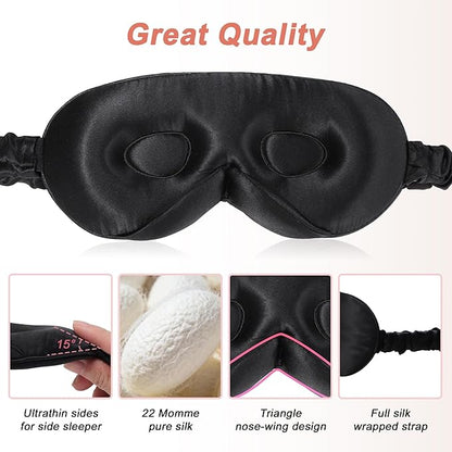 VOCOSTE 22 Momme Pure Silk Sleep Mask with Travel Pouch, 3D Contour Adjustable Blindfold for Side Sleepers, Eye Mask Locks Light for Sleeping, Black