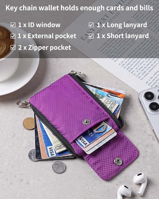 Minimalist Wallet For Mens Womens, Keychain RFID Blocking Zipper Small Wallet with ID Window 2 Lanyards,Water Resistant Travel Cash Card Coin Case Boys Girls