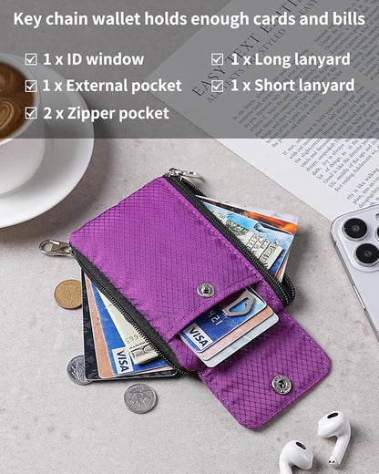Minimalist Wallet For Mens Womens, Keychain RFID Blocking Zipper Small Wallet with ID Window 2 Lanyards,Water Resistant Travel Cash Card Coin Case Boys Girls