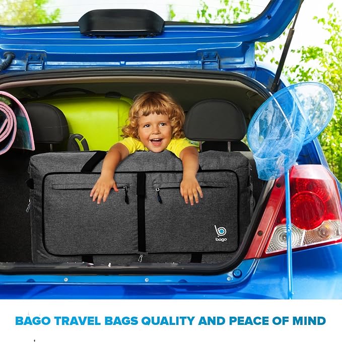 Bago Large Foldable Duffel Bags for Traveling Women & Men - 120L Packable Duffle Bag for Travel with Shoe Compartment - Water Repellant, Heavy Duty, Lightweight Folding & Collapsible (SnowBlack)