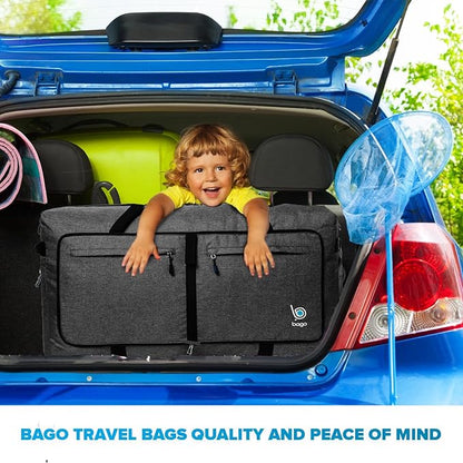 Bago Large Foldable Duffel Bags for Traveling Women & Men - 120L Packable Duffle Bag for Travel with Shoe Compartment - Water Repellant, Heavy Duty, Lightweight Folding & Collapsible (SnowBlack)