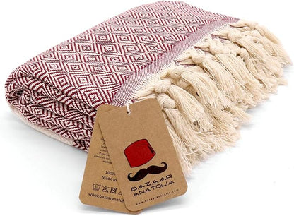Bazaar Anatolia Turkish Beach Towel – 100% Cotton, Quick Dry, Sand Free Towel for Bathroom, Camping, Travel, Burgundy – Oversized 71x39 Inches – Diamond Maroon
