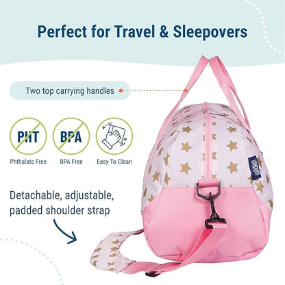 Wildkin Kids Overnighter Duffel Bag – Carry-On Size, Ideal for School & Sleepovers – Pink and Gold Stars