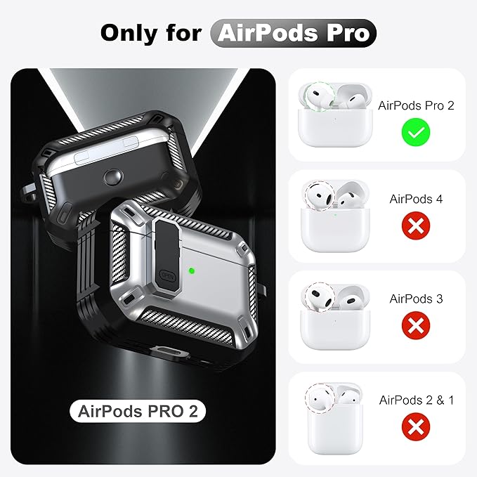 RFUNGUANGO for AirPods Pro 2nd Gen Case with Cleaning Kit, Military Hard Case Protective Armor with Lock, for AirPod Gen 2 Charging Case (2023/2022/2019, 2nd Gen/1st Gen), Front LED Visible, Silver.