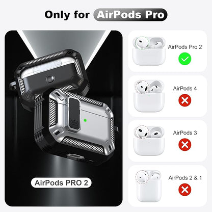 RFUNGUANGO for AirPods Pro 2nd Gen Case with Cleaning Kit, Military Hard Case Protective Armor with Lock, for AirPod Gen 2 Charging Case (2023/2022/2019, 2nd Gen/1st Gen), Front LED Visible, Silver.