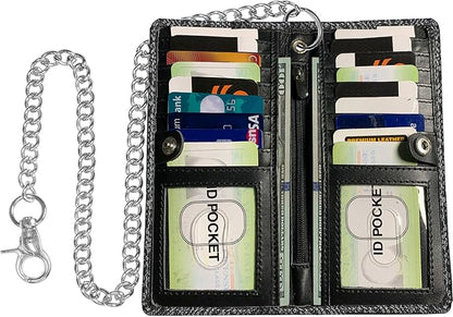 CLASSIC Motorcycle Chain Wallet for Men – Premium Cowhide Leather, RFID Bi-Fold Biker Wallet with Heavy Duty Chain for Bikers Truckers & Hunters, Credit Card Money Organizer Long Wallet Snake Black