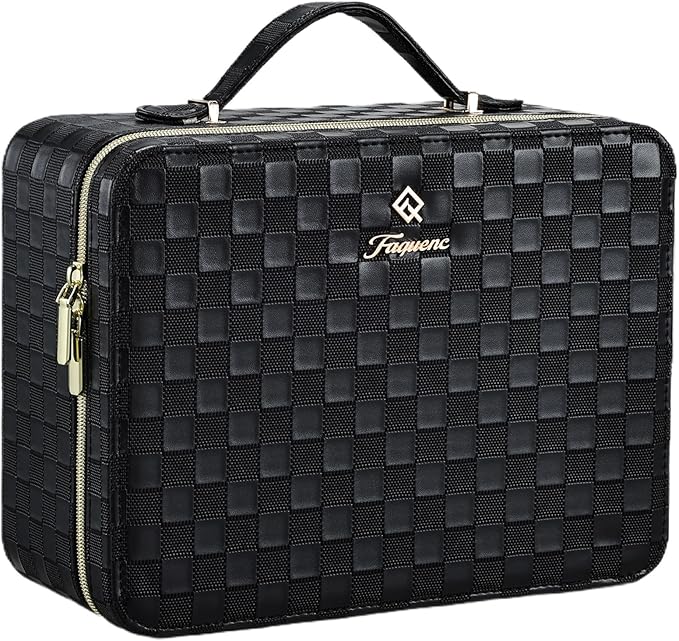 Leather Makeup Case with LED Lighted Mirror 11.4 Inch Travel Makeup Bag Adjustable Brightness in 3 Colors Cosmetic Organizer Artist Storage Bag with Dividers Brush Holder Bag Vanity Black Checkerboard