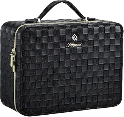 Leather Makeup Case with LED Lighted Mirror 11.4 Inch Travel Makeup Bag Adjustable Brightness in 3 Colors Cosmetic Organizer Artist Storage Bag with Dividers Brush Holder Bag Vanity Black Checkerboard