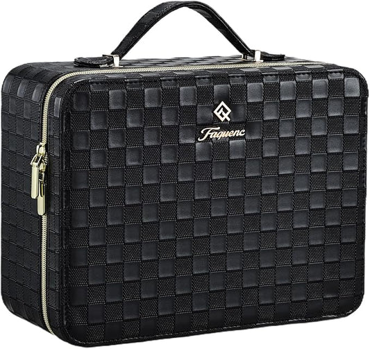 Leather Makeup Case with LED Lighted Mirror 11.4 Inch Travel Makeup Bag Adjustable Brightness in 3 Colors Cosmetic Organizer Artist Storage Bag with Dividers Brush Holder Bag Vanity Black Checkerboard