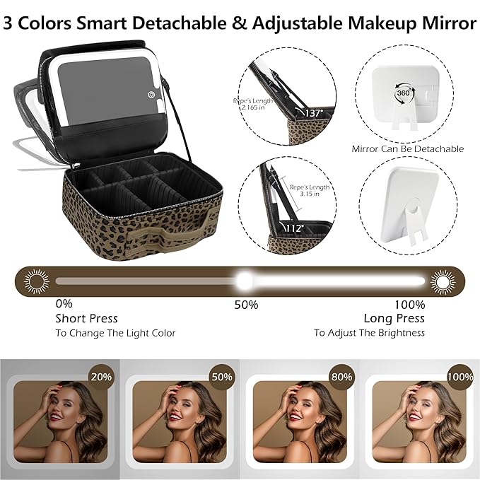 Travel Makeup Bag Cosmetic Bag Makeup Organizer Bag with Lighted Mirror, Adjustable Brightness in 3 Color Scenarios, Waterproof Makeup Train Case, Gift for Women - Leopard Brown
