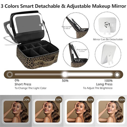 Travel Makeup Bag Cosmetic Bag Makeup Organizer Bag with Lighted Mirror, Adjustable Brightness in 3 Color Scenarios, Waterproof Makeup Train Case, Gift for Women - Leopard Brown