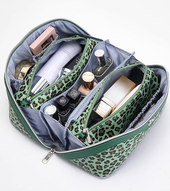 BOYATU Travel Makeup Bag for Women: 3 Pcs Set Portable Make up Bags with Handle - Leopard Print Cosmetic Bags with Comparments - Waterproof Vegan Leather Toiletry Bag (09-Green)