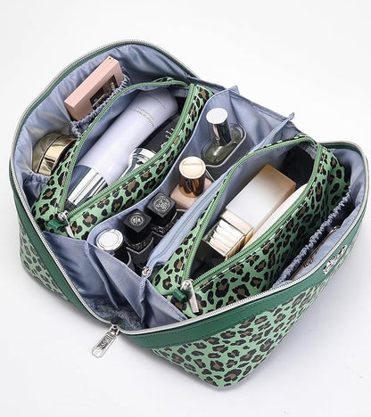 BOYATU Travel Makeup Bag for Women: 3 Pcs Set Portable Make up Bags with Handle - Leopard Print Cosmetic Bags with Comparments - Waterproof Vegan Leather Toiletry Bag (09-Green)