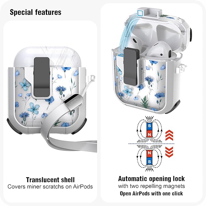 WENEW Case for AirPods 1 & 2 Case Cover Secure Lock Automatic Snap Switch Clip Cleaner Kit Lanyard Women Stylish Flower Armour Hard Shell Full Body (Blue, AirPods 1st & 2nd)