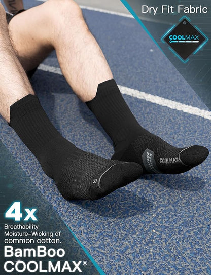 Mens Bamboo Viscose Crew Compression Running Socks Athletic Hiking Cushioned Wicking Anti-Blister Seamless
