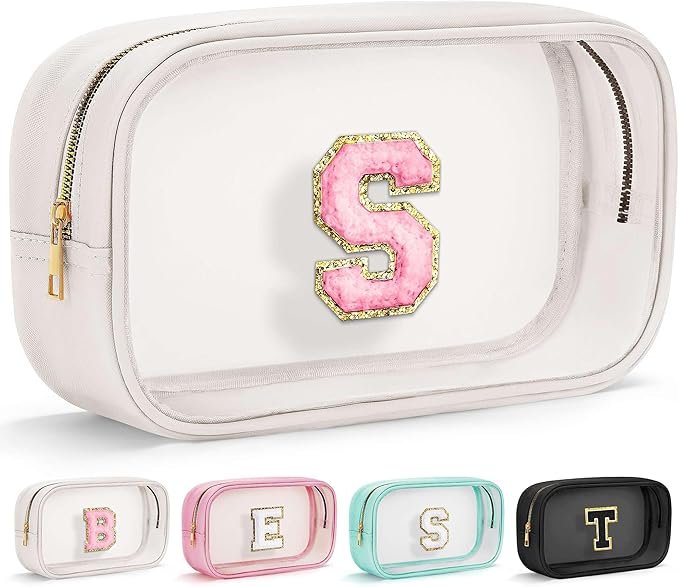 YOOLIFE Initial Birthday Gifts for Girls Kids Toiletry Bag Clear Makeup Bag Preppy Cosmetic Bag Birthday Gifts for 7 8 9 10 11 12 13 Year Old Girls Christmas Stocking Stuffers White S