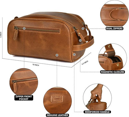 LEATHER VILLAGE Premium Leather Toiletry Travel Pouch With Waterproof Lining - Sun Tan | King-Size Handcrafted Vintage Dopp Kit Bag, Shaving & Bathroom Organizer, Gift for Men & Women