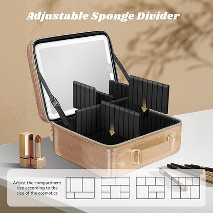 JUSRON Travel Makeup Bag With LED Mirror, Cosmetic Train Case with Light up Mirror, Portable Makeup Artist Organizer Bag with Adjustable Dividers, Makeup Brush Holder Storage (Rose Gold, Medium)