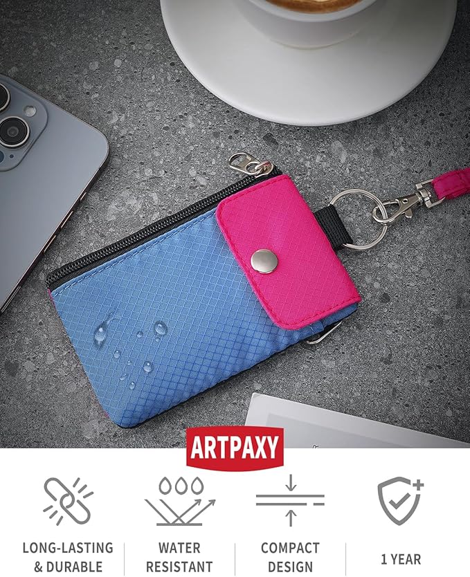 Minimalist Wallet For Mens Womens, Keychain RFID Blocking Zipper Small Wallet with ID Window 2 Lanyards,Water Resistant Travel Cash Card Coin Case Boys Girls