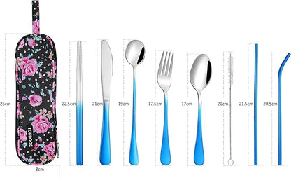 Travel Utensils,Reusable Silverware Set To Go Portable Cutlery Set with a Waterproof Carrying Case for Lunch Boxes Workplace Camping Picnic (GraBlue)