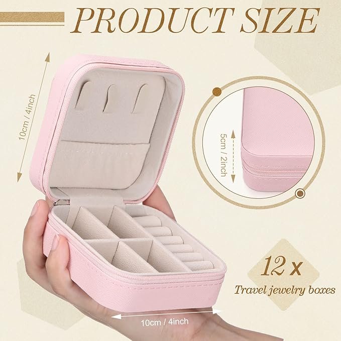 Yinkin 12 Pcs Mini Travel Jewelry Case Bridesmaid Proposal Gift Boxes, Small PU Leather Earring Organizer, Bulk Travel Accessories Portable Jewelry Holder(Pink)