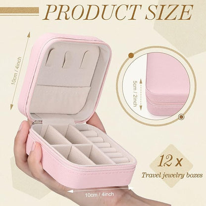 Yinkin 12 Pcs Mini Travel Jewelry Case Bridesmaid Proposal Gift Boxes, Small PU Leather Earring Organizer, Bulk Travel Accessories Portable Jewelry Holder(Pink)