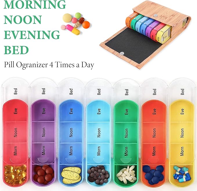 Pill Organizer,LIZIMANDU Weekly Travel Pill Case Box Medication Reminder Daily AM PM, Day Night 7 Compartments,for 4 Times A Day, 7 Days a Week-Includes Leather PU Carrying Case(1-Wood-Beige)