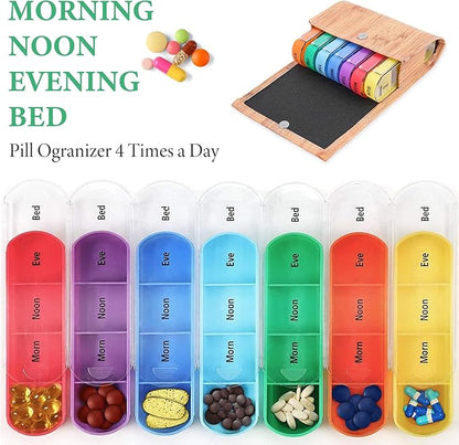 Pill Organizer,LIZIMANDU Weekly Travel Pill Case Box Medication Reminder Daily AM PM, Day Night 7 Compartments,for 4 Times A Day, 7 Days a Week-Includes Leather PU Carrying Case(1-Wood-Beige)