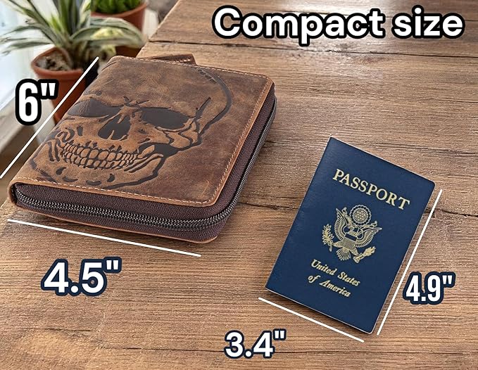 Passport Wallet - Travel Document Holder w/RFID Blocking – Full Grain Leather – Bifold compact zip around Wallet with Credit Card Slots for Women and Men, brown skull,500-31