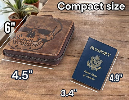Passport Wallet - Travel Document Holder w/RFID Blocking – Full Grain Leather – Bifold compact zip around Wallet with Credit Card Slots for Women and Men, brown skull,500-31