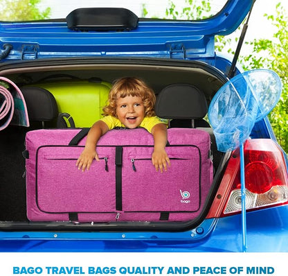 Bago Big XXL Foldable Duffel Bags for Traveling Women & Men - 140L Packable Duffle Bag for Travel with Shoe Compartment - Water Repellant, Heavy Duty, Lightweight Folding & Collapsible (SnowPink)