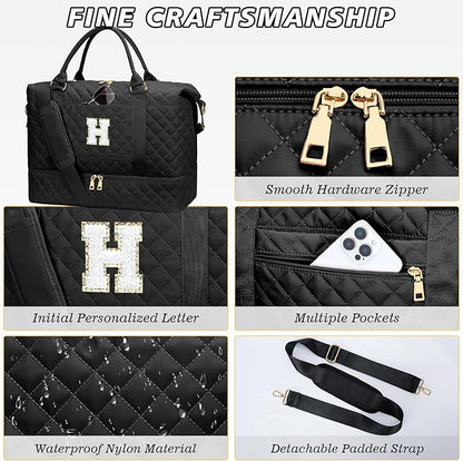 Gifts for Friend Women Girls Christmas Initial Travel Duffle Bag Quilted Weekender Bags Carry-On Overnight with Cosmetic Bag, Gym Bag with Shoe Compartment, Black H