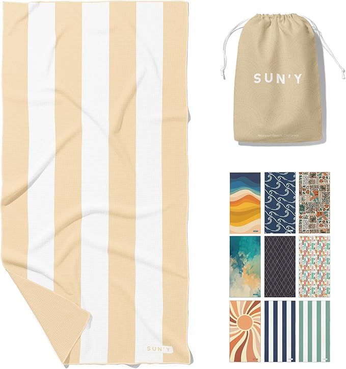 SUN'Y Waffle Microfiber Beach Towel – Sand Free, Quick Dry, Ultra Absorbent, Lightweight & Compact Travel Towel with Carry Bag - Large (63” x 31.5”), Natural Sand