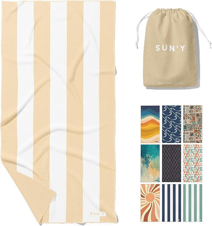 SUN'Y Waffle Microfiber Beach Towel – Sand Free, Quick Dry, Ultra Absorbent, Lightweight & Compact Travel Towel with Carry Bag - Large (63” x 31.5”), Natural Sand
