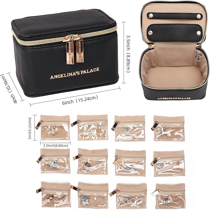 Angelina's Palace Jewelry Organizer Case Bridesmaid Gifts Travel Bag Vegan Leather Box for Necklace Earring Bracelet Ring(black)