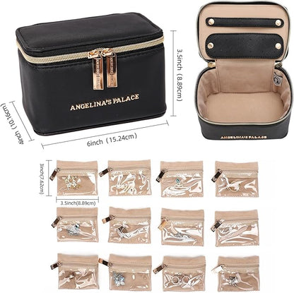 Angelina's Palace Jewelry Organizer Case Bridesmaid Gifts Travel Bag Vegan Leather Box for Necklace Earring Bracelet Ring(black)