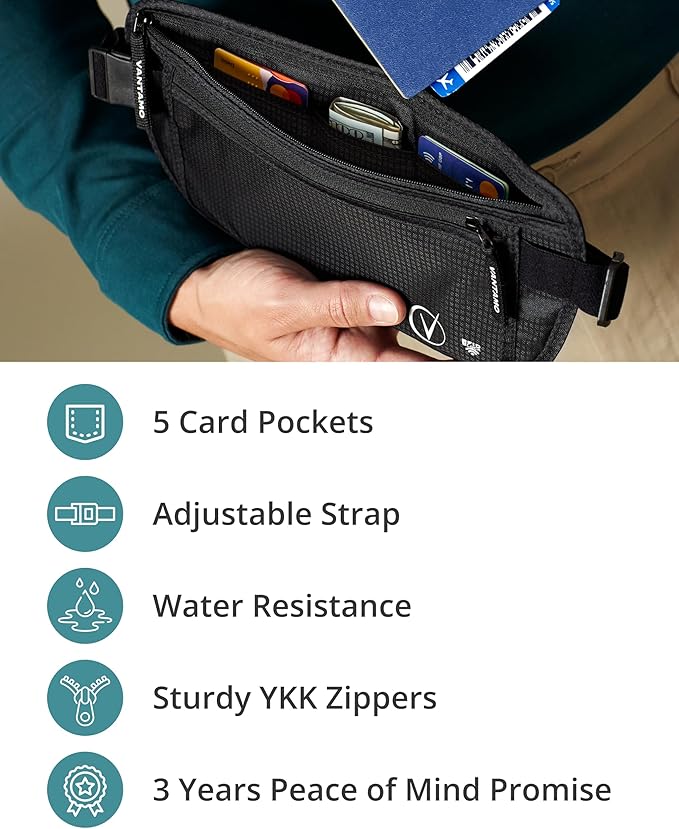 Vantamo Money Belt with RFID For Men & Women, Hidden Passport Holder for Travel, 2 Compartment Travel Fanny Pack for Women Anti Theft