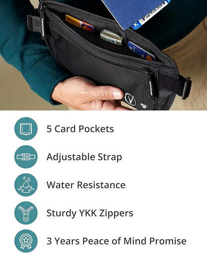Vantamo Money Belt with RFID For Men & Women, Hidden Passport Holder for Travel, 2 Compartment Travel Fanny Pack for Women Anti Theft