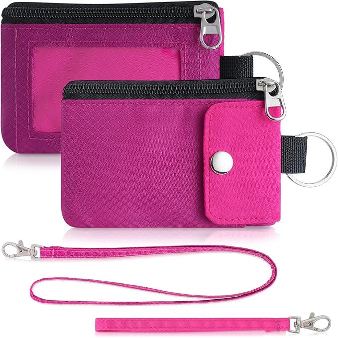 Minimalist Wallet For Mens Womens, Keychain RFID Blocking Zipper Small Wallet with ID Window 2 Lanyards,Water Resistant Travel Cash Card Coin Case Boys Girls