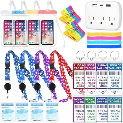 Cruise Ship Essentials Kit Include Cruise Luggage Tags Holder, Cruise Lanyards, Cruise Power Strip, Towel Bands and Clips, Waterproof Phone Bags for All Cruise Lines