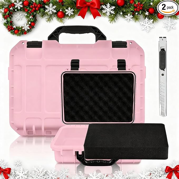 1 Pcs 14.3 x 11.4 x 4.5 Inch Waterproof Hard Case with DIY Customizable Foam Insert Portable Protective Case with Knife for Camera Drones Equipments Tools Test Instruments (Pink)